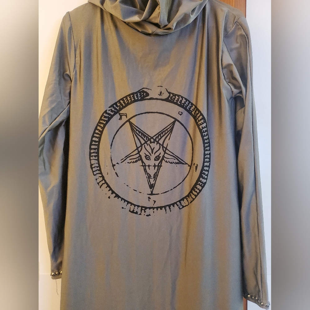 Hell Couture Grey Ouroborus Pentagram Studded Hooded Duster - Picture 3 of 7